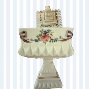 Veg Westmoreland Milk Glass Wedding Bowl with Lid Hand Painted Roses/Gold Trim